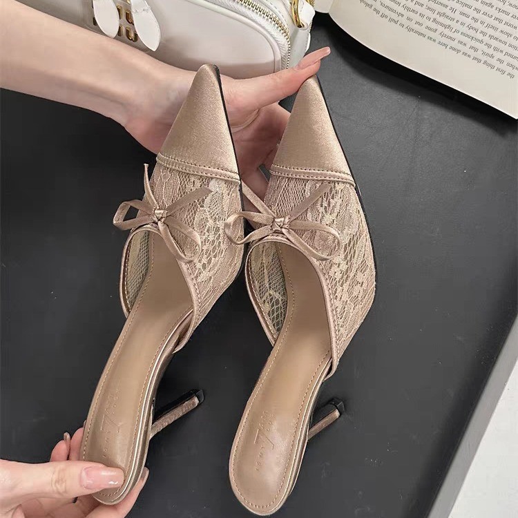 Women's Lace Pointed Toe Bowknot High Heels foto 2