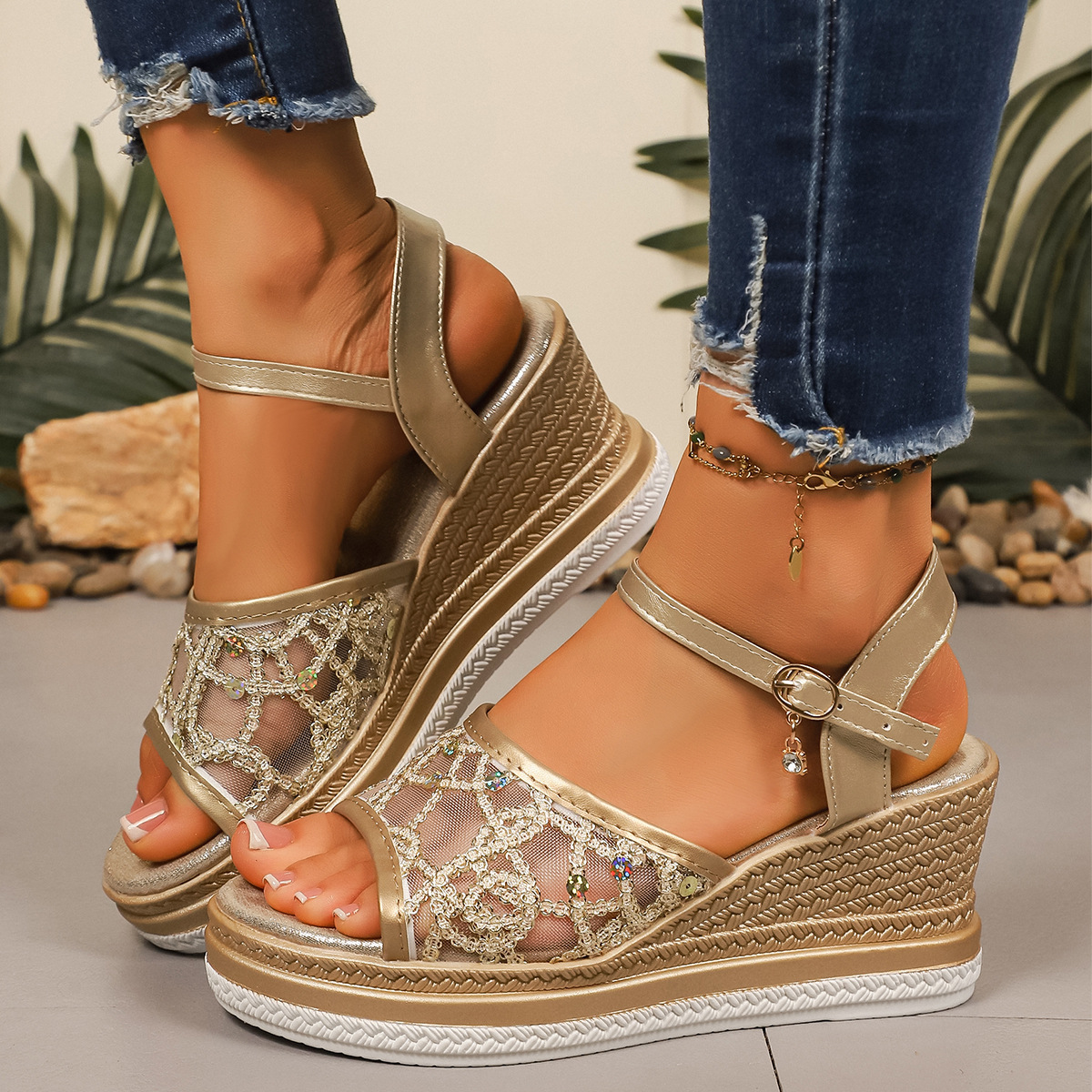 Women's Mesh Peep-Toe Platform Large-Size Sandals foto 4