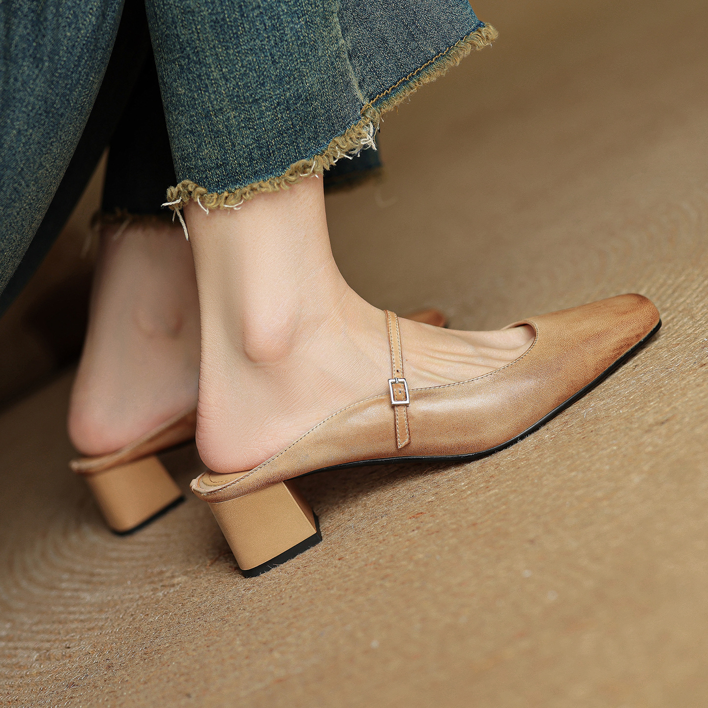 Retro Chunky Heel Peep-toe Slingback French Single-strap Slip-on Mid-heel Sandals foto 2