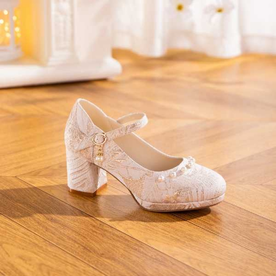 White And Beige Jacquard Mary Jane Style Women's Shoes With Thick Soles And Pearl Bow Straps, Waterproof Platform High Heels, Elegant And Versatile Wedding Shoes, Bridesmaid Shoes, Formal High Heels F foto 4