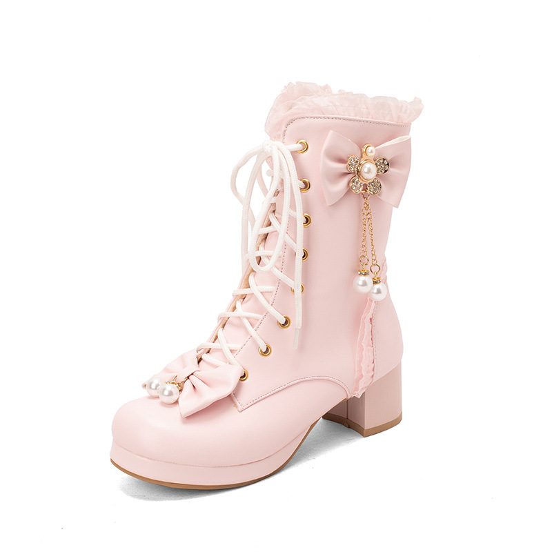 Female Bow Thick Heeled Short Boots Lolita Shoes foto 2