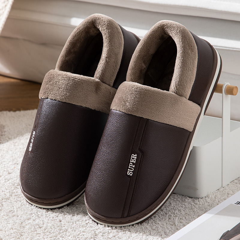 Leather Slippers Waterproof Thick Bottom Indoor Non-slip Warm Shoes foto 3