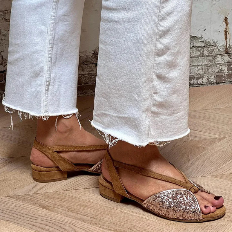 Brown Suede Glitter Embroidered Peep Toe Sandals foto 4