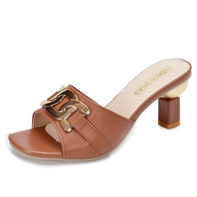 Womens Metal-buckle High-heeled Peep-toe Slippers foto 5