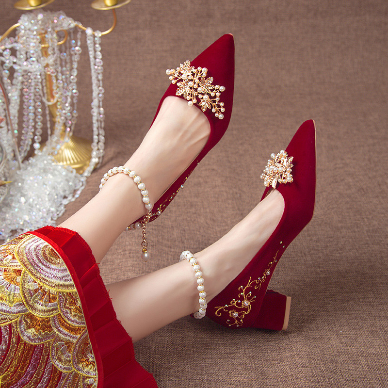 Wine Red Pointed Toe Chunky Heel Wedding Shoes For Women foto 3