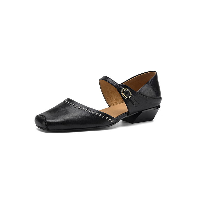 Women's Handcrafted Full-Grain Leather Mary Jane Flats, Square Toe Low Heel Shoes With Contrast Stitching foto 4
