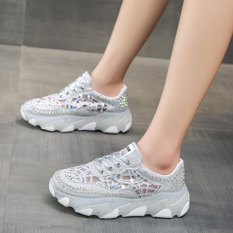 Womens Breathable Mesh Rhinestone Chunky-soled Trendy Dad Shoes foto 4