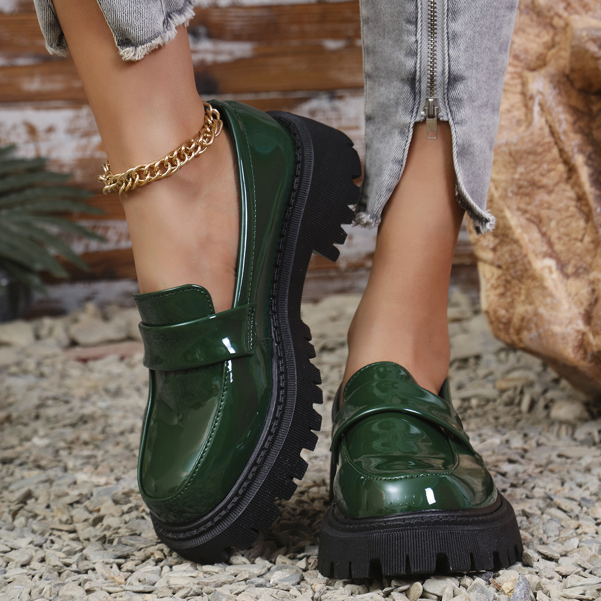Plus Size British Style Slip-on Thick Bottom Chunky Heel Stylish Loafers foto 5