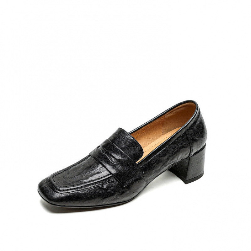 Womens Solid-Color Mid-Heel Retro Commuter Leather Square-Toe Pumps foto 2