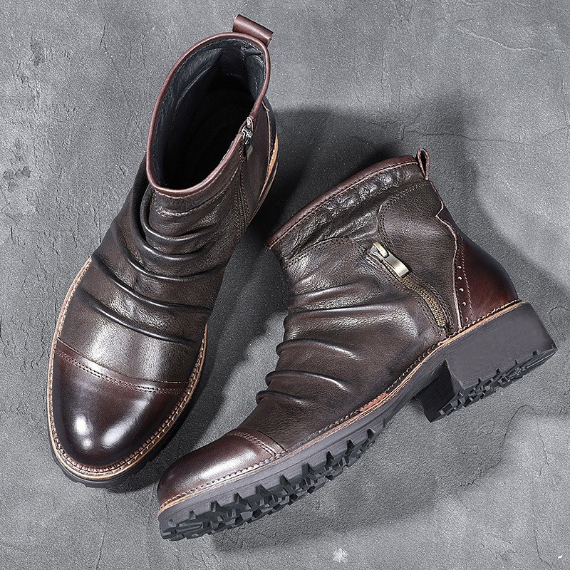 Retro Round Toe PU Leather Side Zipper Martin Chunky Heel Ankle Boots foto 4