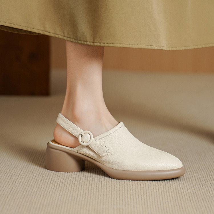 Women's Closed Toe Platform Genuine Leather Sandals, Round Toe, Chunky Heel, Single Buckle Strap, Open Back Roman Style, First-Layer Lambskin Shoes foto 2