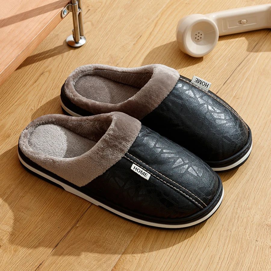PU Leather Big Sizes Slippers Indoor Waterproof Fur Flat foto 3