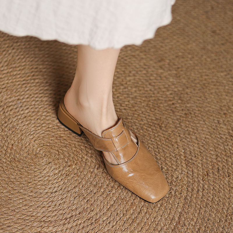 Retro Closed Toe Half Slippers Women's Summer Low Heel Thick Heel Rear Empty Sandals foto 2