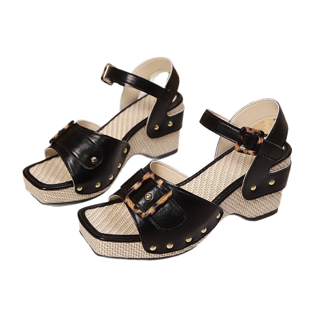 Female Button Metal Buckle Beach Chunky Heel Sandals foto 5