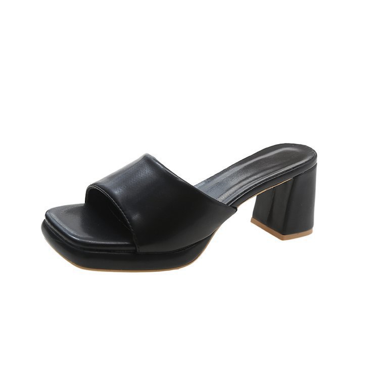 Summer New Women's Square Toe Open Toe Solid Color Slippers Women's Chunky Heel