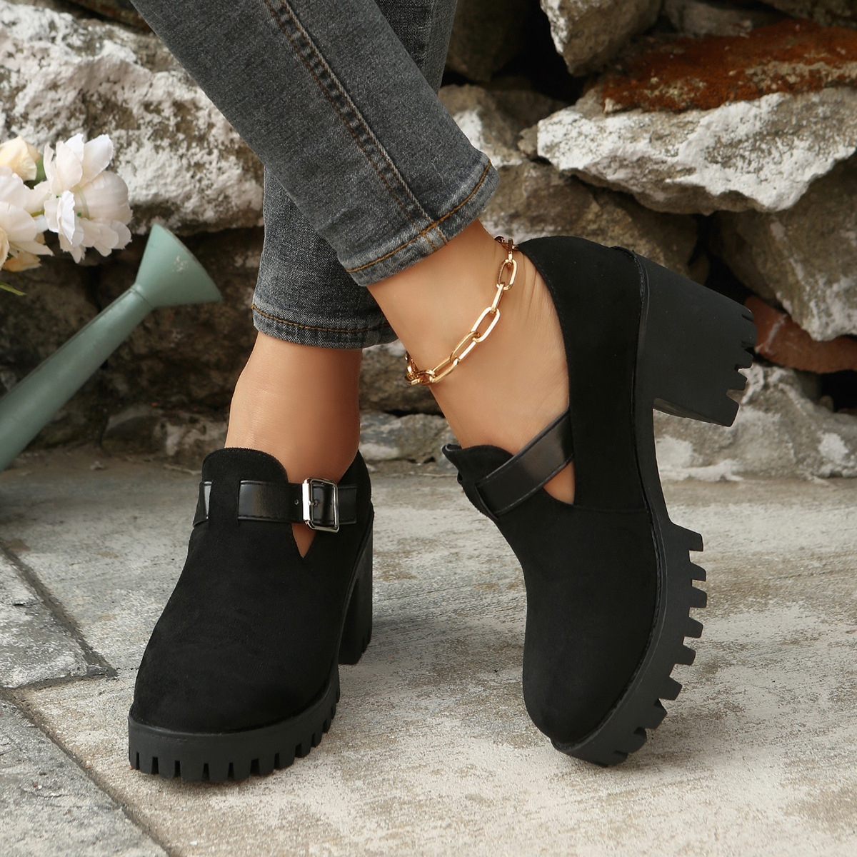 Womens Chunky Thick-soled Suede High Heels foto 2