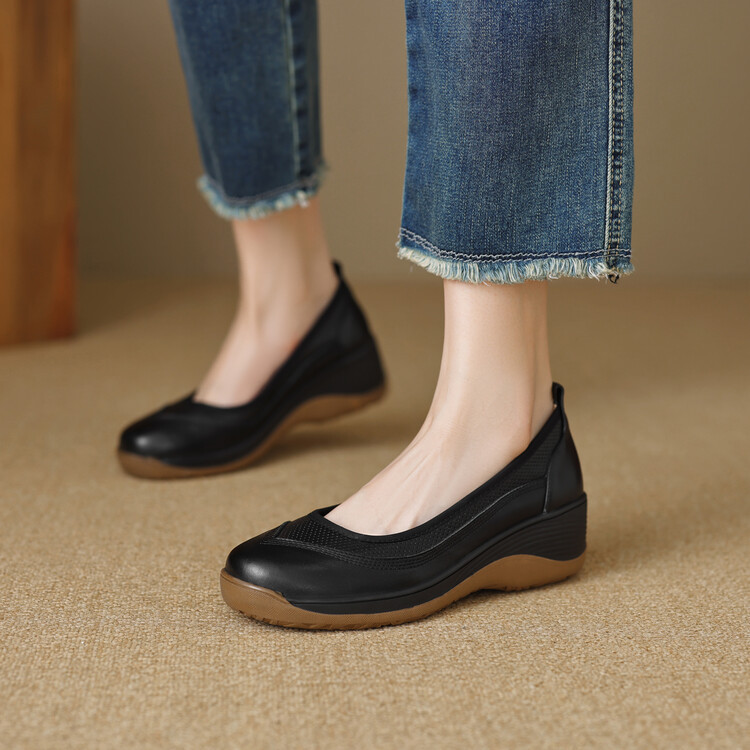 High Heel Leather Shoes Thick Bottom Lazy Platform Round Head Slip-on Pumps foto 2