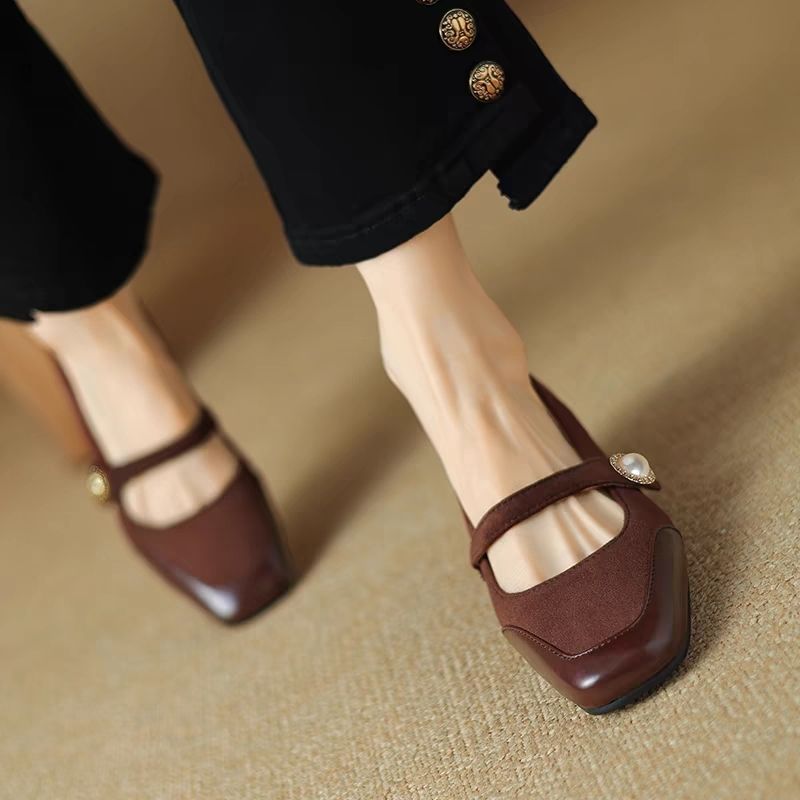 Women's Chunky Heel Suede Flat Low-cut Shoes foto 3