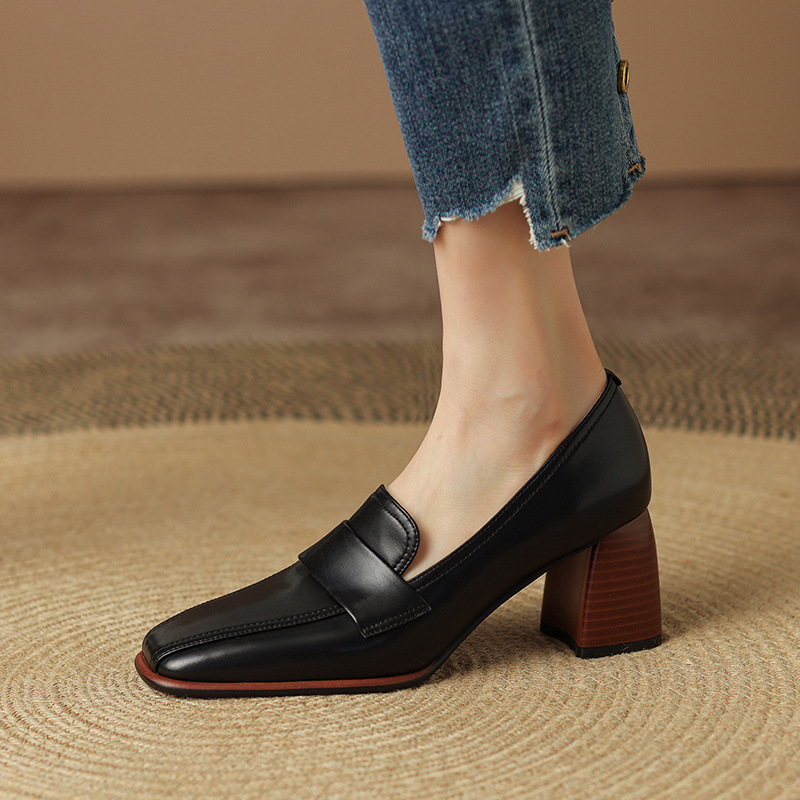 Retro Brown Chunky-Heel Pumps Women's Sheepskin foto 2