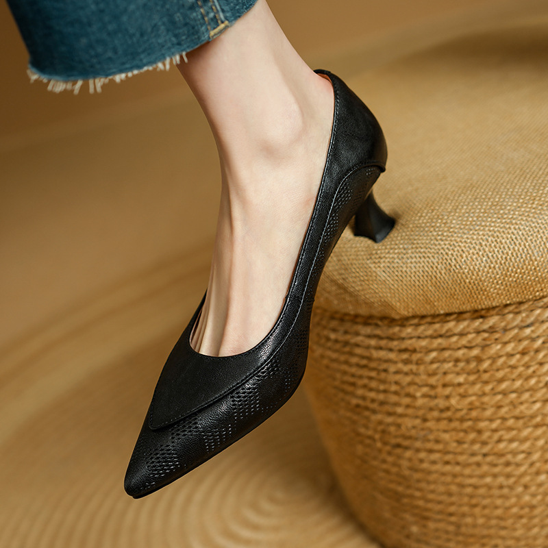 Soft Sheepskin Pointed Toe Stiletto Low-cut Shoes Women's Leather Shoes foto 2