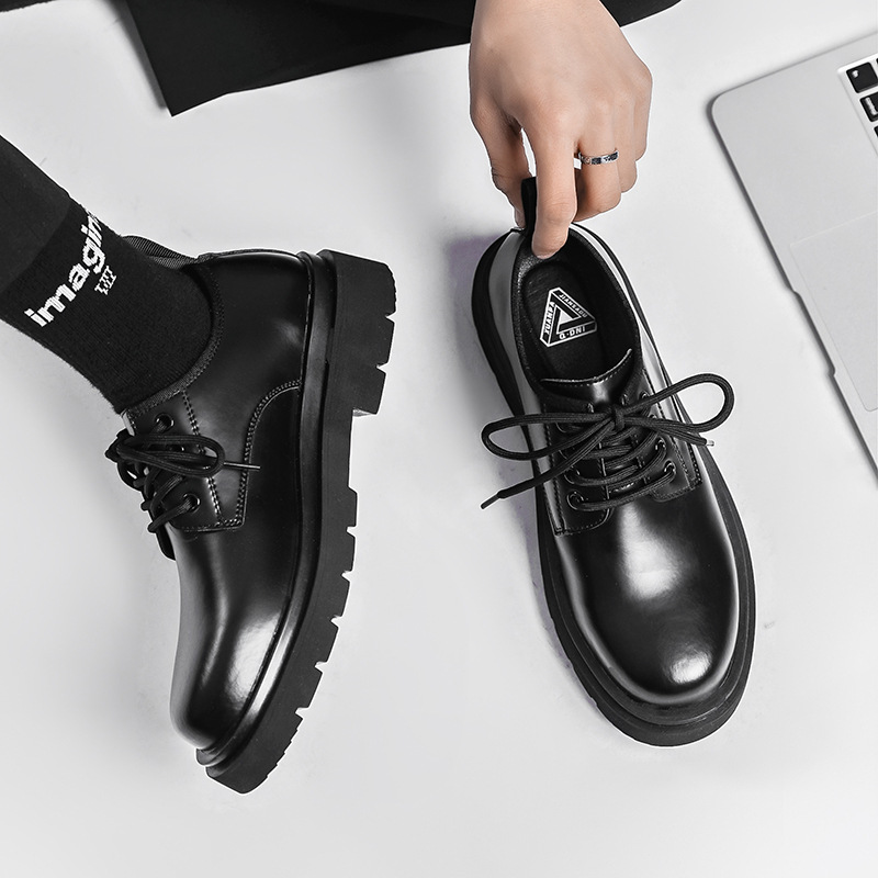 Men's British-style Thick-soled Korean-style Black Leather Shoes foto 5