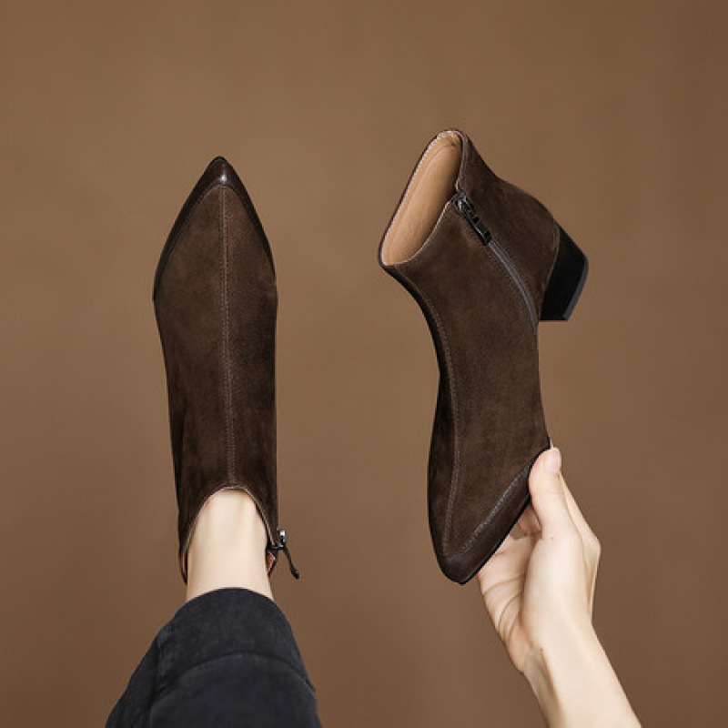 Microsoft Sheepskin New Women's Martin Boots Large Size Pointed Suede Leather Chunky Heel foto 3