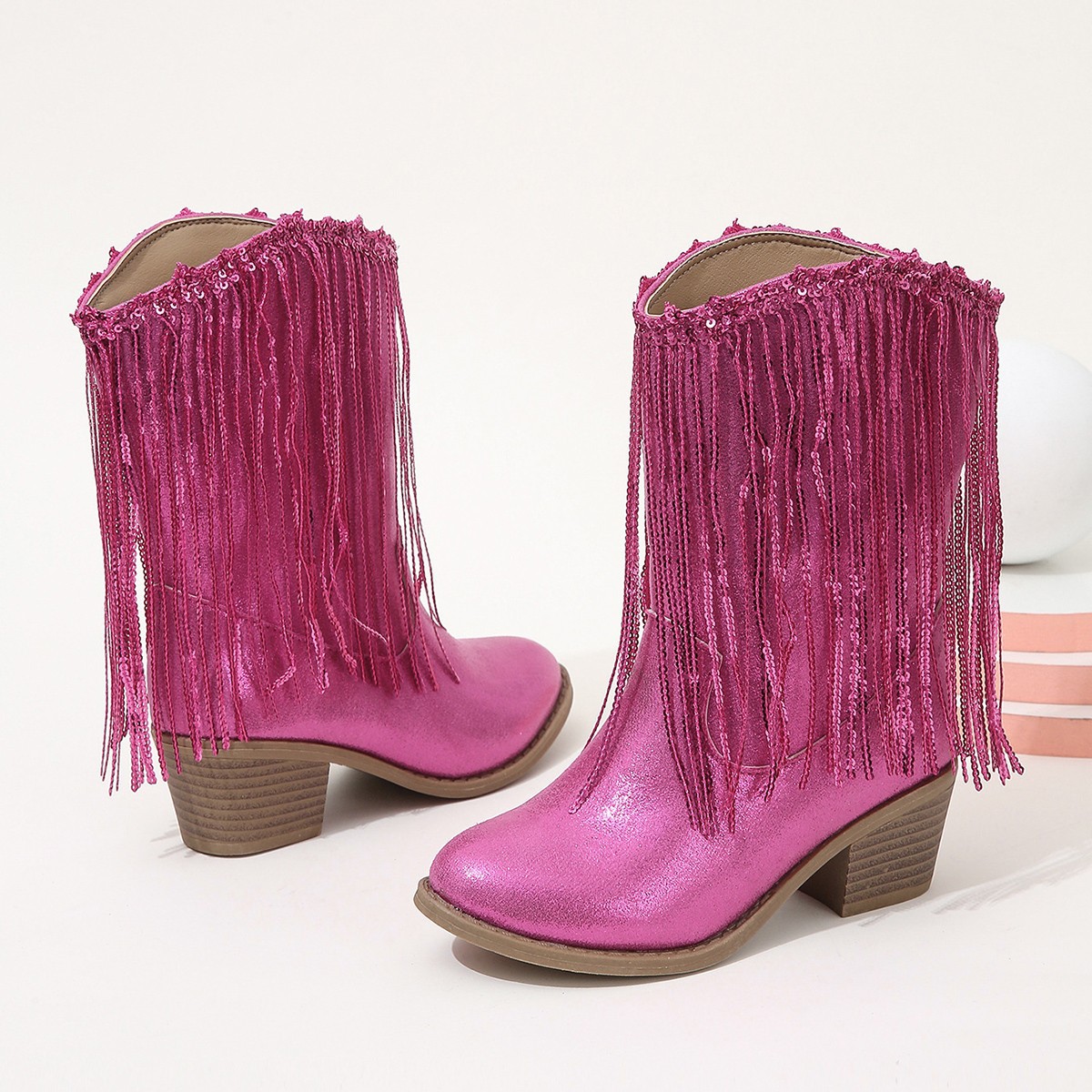 Western-style Runway Chic Chunky-heeled Fringed Ankle Boots foto 3
