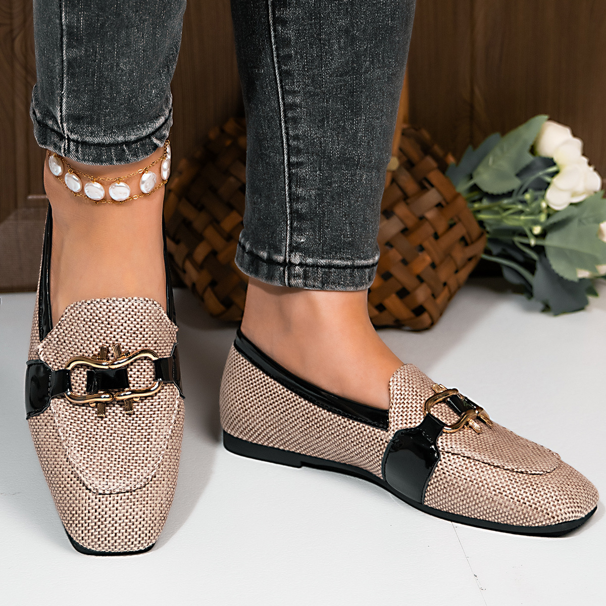Square-toe Metal-buckle Casual Womens Shoes foto 2