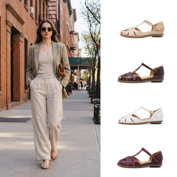 Women's Premium Full Grain Leather T-Strap Fisherman Sandals, Closed-Toe Flat Shoes foto 4