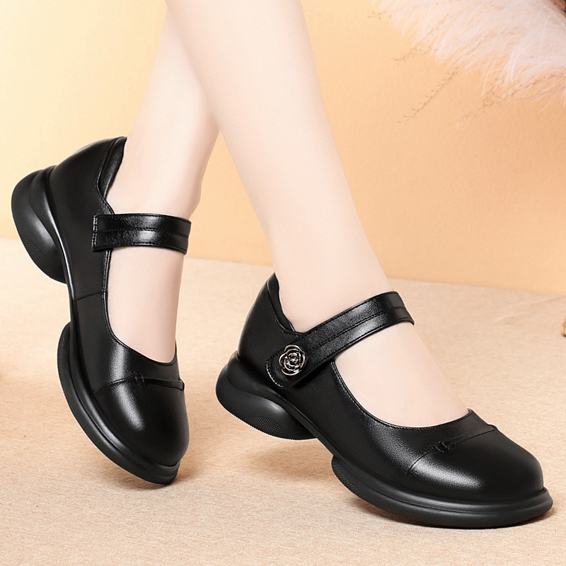 Black Womens Dress Shoes Soft Leather Soft Sole Round-toe Flat Shoes