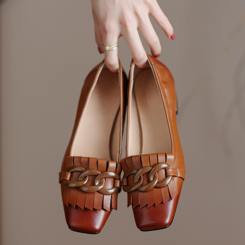 Fringed Chunky-heel Peep-toe Leather Shoes With A Chain Detail foto 5