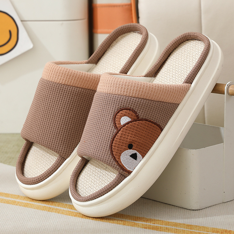 Cute Cartoon Bear Linen Slippers For Women Indoor Non-slip Sweat-absorbent Breathable Slip On Floor Bedroom Slipper House Shoes foto 2