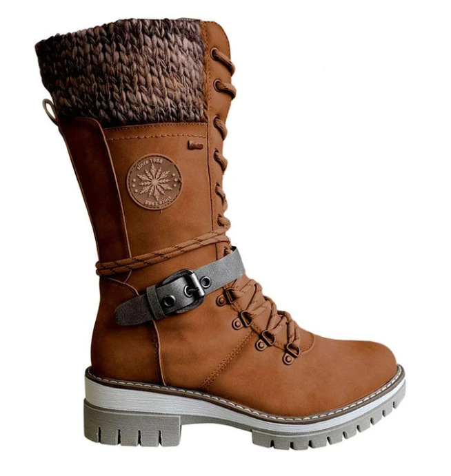 Round-toe Square-heel Leather-buckle Knit-mesh Dr Martens-style Boots foto 2