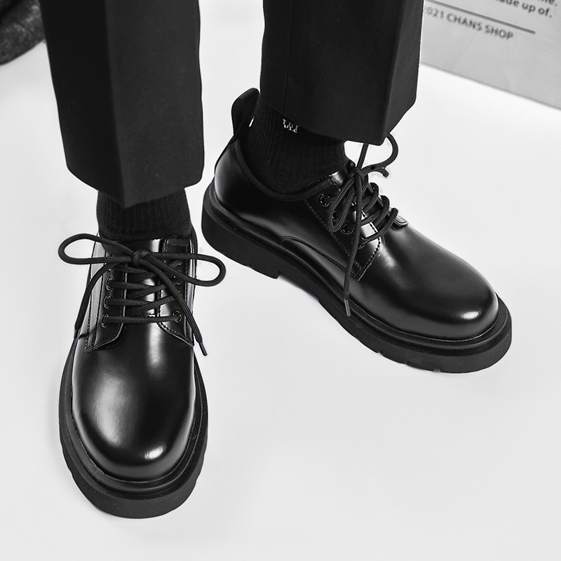 Men's British-style Thick-soled Korean-style Black Leather Shoes foto 2