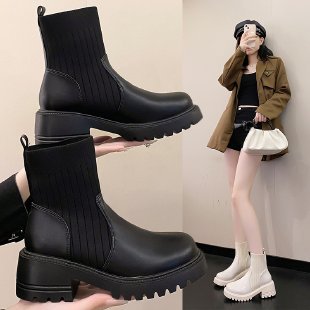 Women's Knitted Patchwork Chunky-sole Square-heeled Booties foto 3