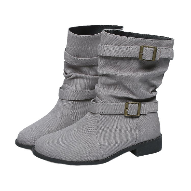 Square Heel Round Toe Women's Denim Leather Boots foto 4