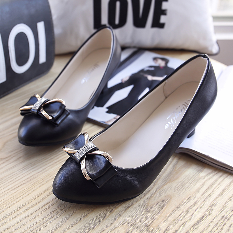 Women's High Heels Professional Black And Round Working Leather Shoes foto 4