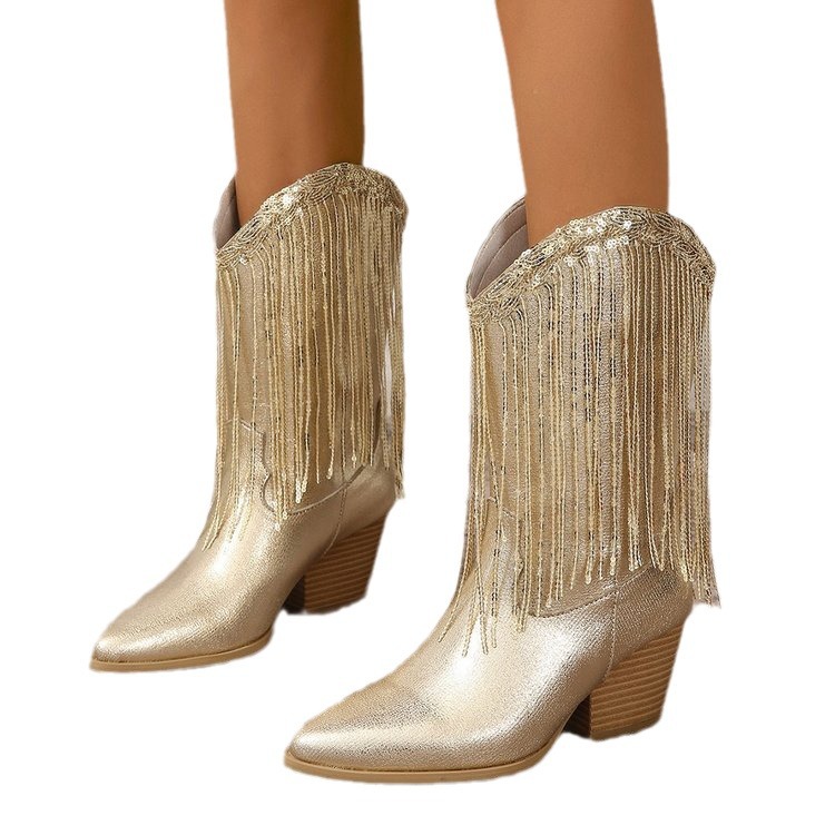 European And American Fashion Middle Fashion Boots Female Retro Chunky Heel Pleated Western Knight foto 2