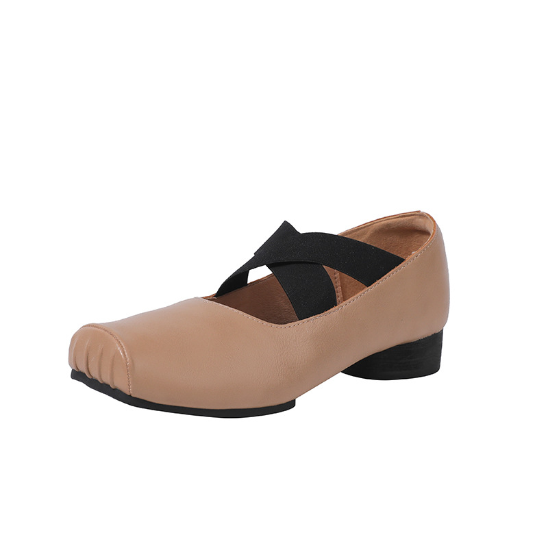 Cross-Strap Ruched Square-Toe Retro Chunky-Heel Ballet Flats foto 3