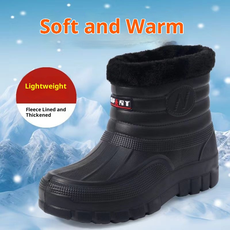 Black High-top Men's Fleece-lined Warm Outdoor Rain Boots Car Wash Construction Site Labor Protection Shoes foto 3