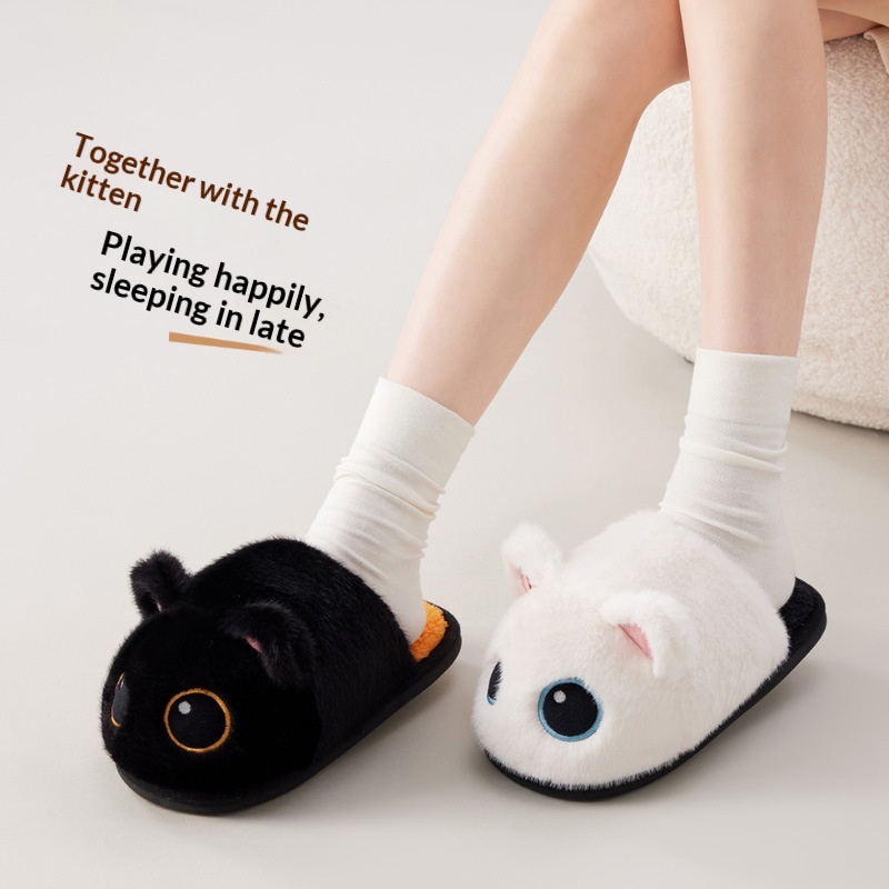 Little Black Cat Floor Cotton Slippers Fleece Lining For Extra Warmth foto 2