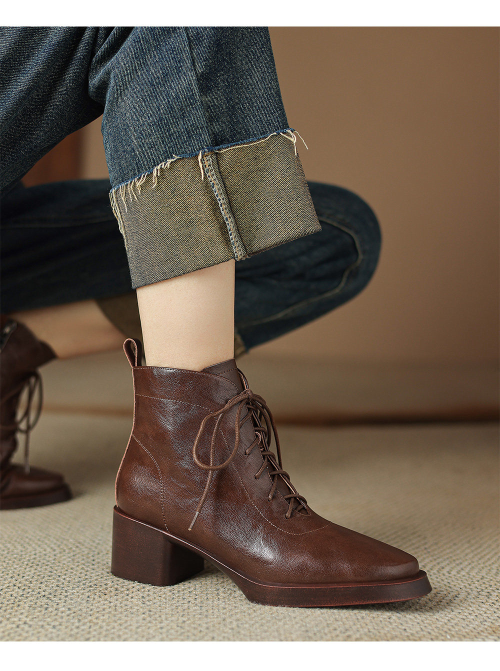 Retro Brown Leather Lace-up Boots foto 2