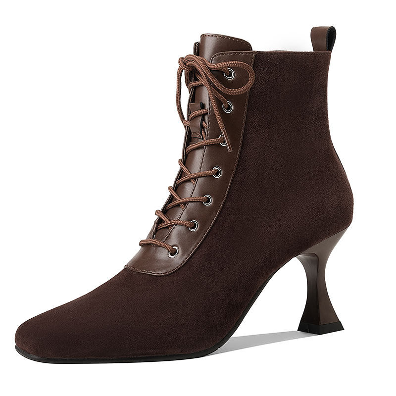 Retro Brown Leather Square-Toe Short Boots With A Stiletto HeelTimeless And Versatile Looks foto 2