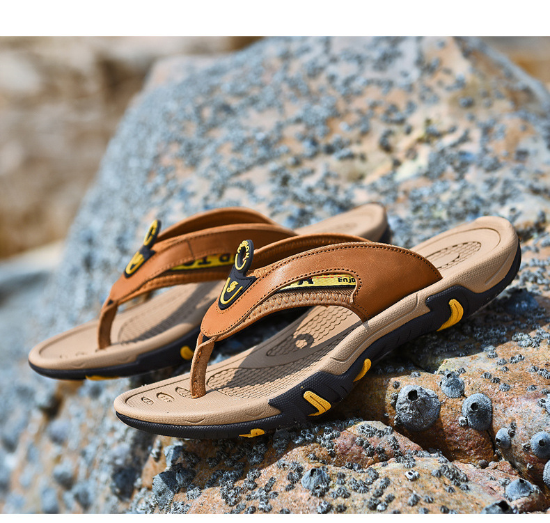 Men's Flip Flops Genuine Leather Summer Breathable Non-slip Platform Outdoor Beach Slippers foto 5