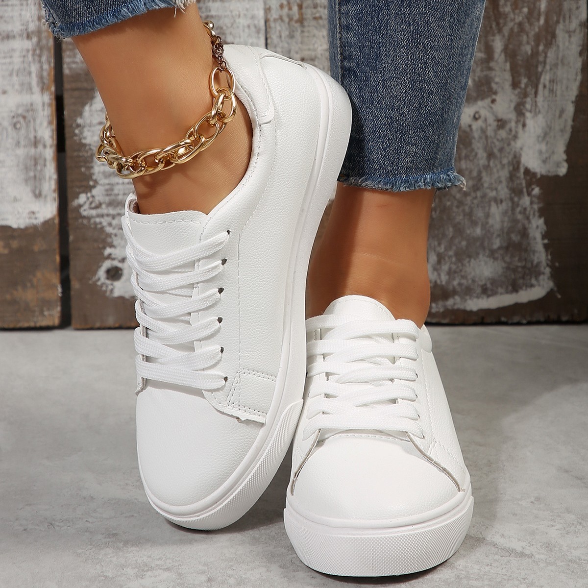 Plus-size Casual Versatile White Flat Shoes Laced Korean-style Low-top Sneakers foto 3