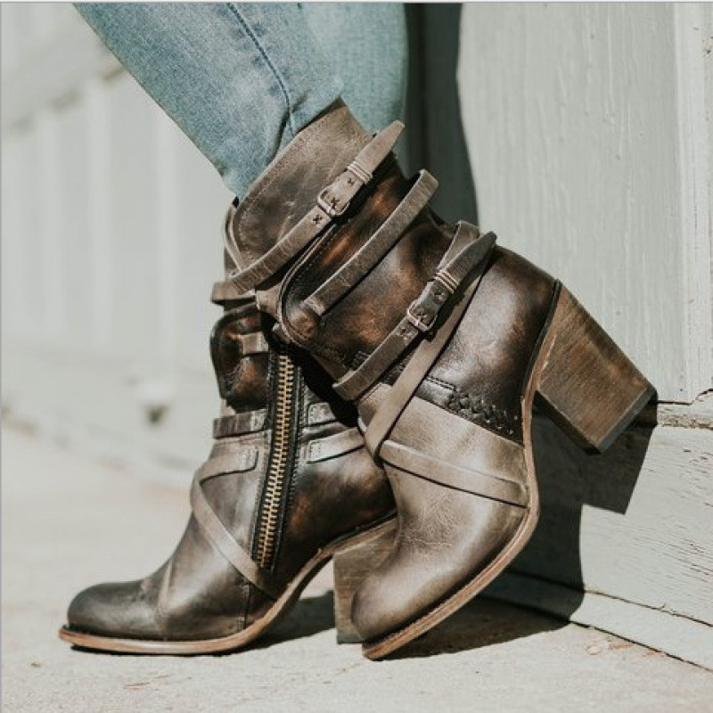 Womens Retro High-Heel Chunky-Heel Side Zipper Ankle Boots With Buckle Details foto 2