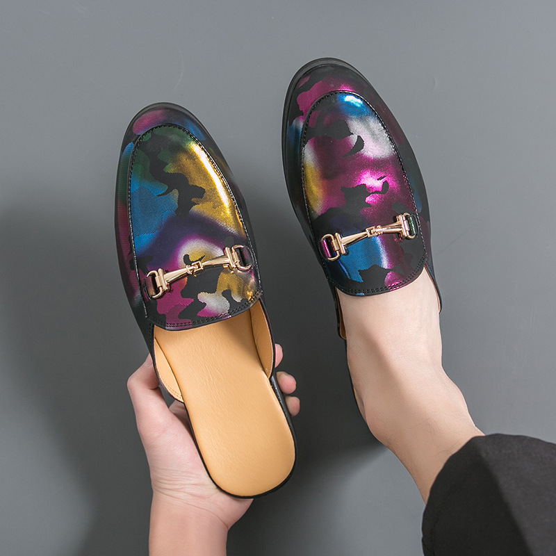 New Style Closed-Toe Half-Flip-Flops Mens Metallic Color Shallow-V Cut Leather Sandals foto 2