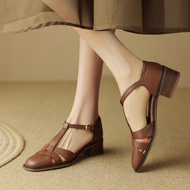 Female T-type Belt Hollow-out Chunky Heel Round-toe Sandles foto 2