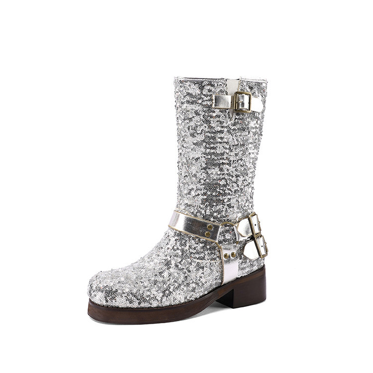 Womens Leather Mid-Calf Boots With Sequin Belt Buckles foto 2