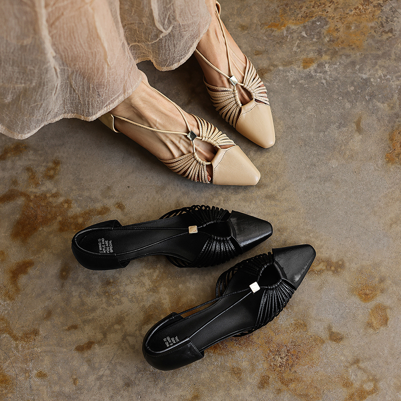 Women's Handmade Full-Grain Leather Strappy Low-Heel Sandals, Pointed-Toe Mary Jane Cutout Flats foto 2